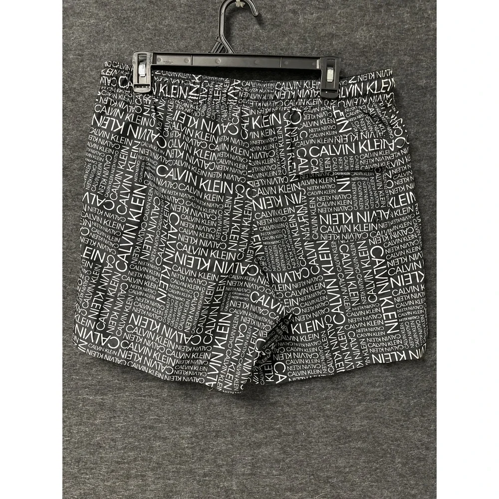 Calvin‎ Klein Board Shorts Mens Large Black White Allover Logo Print Mesh Lined
